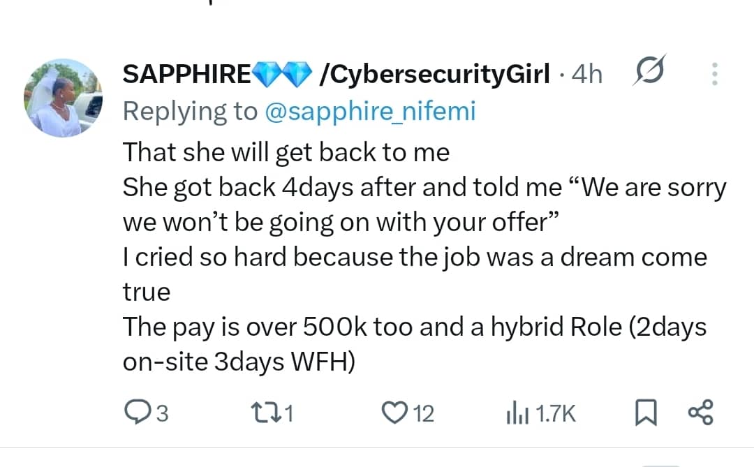 Lady shares how she lost a multinational job offer after revealing she was pregnant